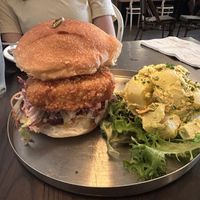Hot honee chicken sandwich with potato salad  at Modern Love in Brooklyn
