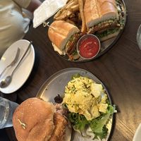 Chickpea parm sandwich and hot honee chicken sandwich  at Modern Love in Brooklyn