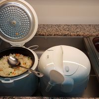 The new asian buffet has rice directly from the ricecooker. Plain rice and rice with some peas. at Butterfly in Basel