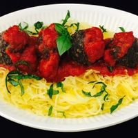 Vegan Spaghetti & Meatballs. Spaghetti squash with mushroom meatballs and homemade marinara. This is just soooo good. at The Pureganic Cafe in Harrison