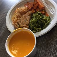 Butternut Squash Soup- quiche, zoodles with pesto, sweet potatoes, and spicy cabbage  at The Pureganic Cafe in Harrison