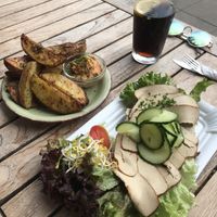 Roasted bread, smoked Tofu and baked potatoes  at Mezzo  in Hannover