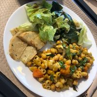 Plant based “rancho” (typical Portuguese chickpea, vegetables and pasta stew) with salad and celery steaks.  at Tonsai Bio  in Fatima