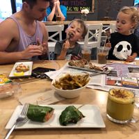 Collard wrapped shiitake teriyaki burger, poutine, turmeric latte, gluten-free waffle, avocado toast, chocolate smoothie.  at Copper Branch in Brooklin