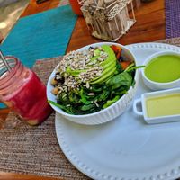 Budda bowl and mango and beet smoothie at Sirena Morena in Cancun