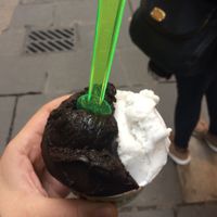 Left - vegan dark chocolate (amazing and perfect). Right - rice, ginger, cinnamon flavour, good too! at Manna Gelats in Barcelona