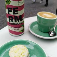 Pistachio macaron + Kombucha + Macchiato at Cloud Cakes - Mandar in Paris
