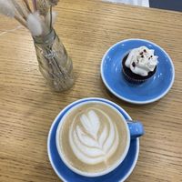 Red velvet cupcake and latte   at Cloud Cakes - Mandar in Paris