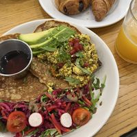 Tofu scramble pancakes with a side of pastries  at Cloud Cakes - Mandar in Paris