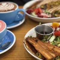 We had crumble tofu with pancakes, hot chocolate and a beetroot latte.  at Cloud Cakes - Mandar in Paris