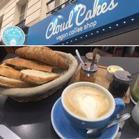 French breakfast, vegan style! Soy latte, baguette, whole wheat vegan croissant, jams, chocolate, and vegan butter. Love the French, no-guilt (all the gluten!) breakfast. at Cloud Cakes - Mandar in Paris