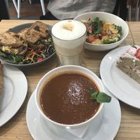 Gazpacho, grilled cheese, salad, latte, cake, croissant  at Cloud Cakes - Mandar in Paris