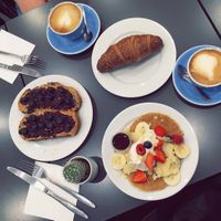 Vegan croissant, peanut butter and jam toasts and pancakes & two soya cappuccinos. Everything to share between 2. Delicious and more than enough. at Cloud Cakes - Mandar in Paris