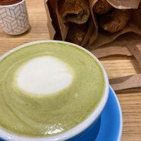 Matcha latte and croissants  at Cloud Cakes - Mandar in Paris