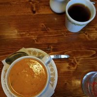 Cream of tomato soup and coffee at Hunter Gatherer Vegetarian Diner in Regina
