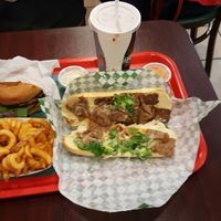 beef vegan sandwich and curly fries at VegeWay in Las Vegas