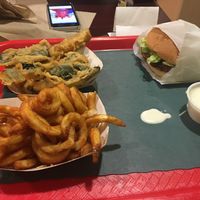 Burger, deep fried zucchini and curly fries! at VegeWay in Las Vegas