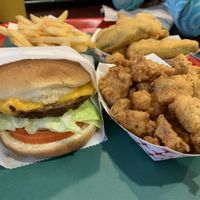 Burger meal, popcorn chicken and fried zucchini  at VegeWay in Las Vegas
