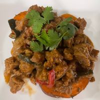 Pumpkin with soy chunks   at El Perro Gamberro in Madrid