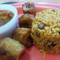 Rice, beans, plantain. Delicious!  at Pilar Caribbean in Millville