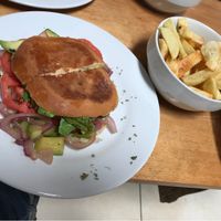 Vegetarian sandwich without cheese plus chips at Puka Rumi in Ollantaytambo