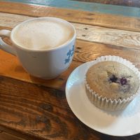 Oat milk hazelnut latte. Lemon blueberry muffins. Freaking gooood!!  at Tough Cookie Bakery in Bastrop