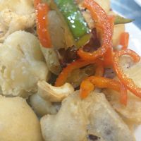 Salt & pepper deep fried brinjah at New Veggies in Kowloon
