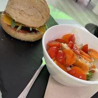 Mushroom & tofu burger with salad  at Sweet Paradise in Tenerife