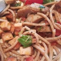 Pasta dish with smoked tofu, tomatoes, cilantro, artichoke hearts at Senso - Scandic Hotel in Gdansk