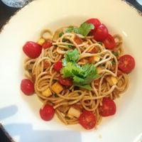 Pasta dish with smoked tofu, tomatoes, cilantro, artichoke hearts at Senso - Scandic Hotel in Gdansk