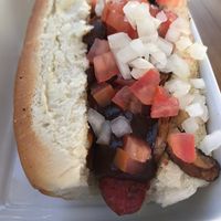 BBQ Beet Sausage Hot Dog! So good! at Marcial by Mako in Cabo San Lucas