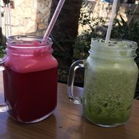 Freshly made red and green juice at Marcial by Mako in Cabo San Lucas