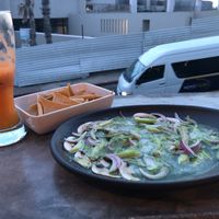 Vegan ceviche, chips and salsa and smoothie  at Marcial by Mako in Cabo San Lucas