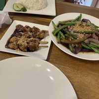 Vegan sate and aubergine-haricots verts  at De Kade in Rotterdam