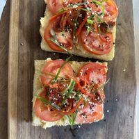 Middle East focaccia (fresh tomato not mushrooms)  at Happy Banana in 