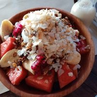 cacao quinoa granola with soy milk and fruit at Happy Banana in 
