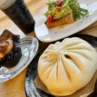 Muffin, avo toast, bro at The Workshop Vegetarian Cafe in North Vancouver