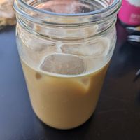 Iced latte with oatmilk at The Workshop Vegetarian Cafe in North Vancouver