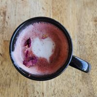 Beetroot and rose petal latte with soy milk at The Workshop Vegetarian Cafe in North Vancouver