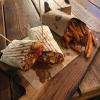 vegan wrap and sweet potato fries at Good Food in Zagreb