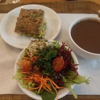 Bean soup with tofu kibe and individual salad. at Moinho de Pedra in Sao Paulo