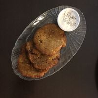potato pancakes (non vegan version - sauce) at Vega Burger in Minsk