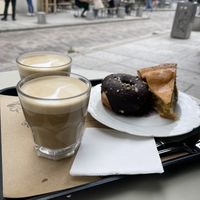 Tiny latte for €5.50 at Shakespeare and Company Cafe in Paris