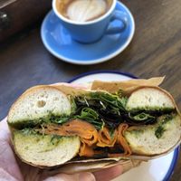 Pesto and carrot bagel at Shakespeare and Company Cafe in Paris