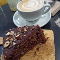 Vegan cake of the day and oat cappuccino at Wally's Coffee in Lille