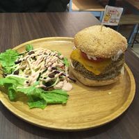 Mushroom lentil burger and tofunia salad  at Tofunia in Taipei