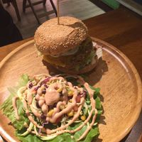 Really good vegan burger served with side salad (heavy on dressing but ask on side if you prefer light) at Tofunia in Taipei