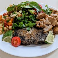 Tofu fish, braised seitan, chickpea stew, and lots of salads at Reino Vegetal in Rio De Janeiro