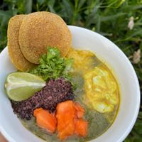 Energy Soup with crackers, papaya, dulse, lime, cilantro, sauerkraut and "cream" cheese.  at Ann Wigmore Natural Health Institute in Aguada