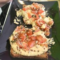 Exceptional hummus and tomato bruschetta  at Delicias y Namaste in Fuerteventura